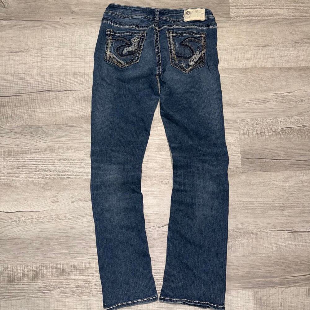 Y2k style distressed silver jeans co. Suki mid slim boot blue denim jeans 28x31